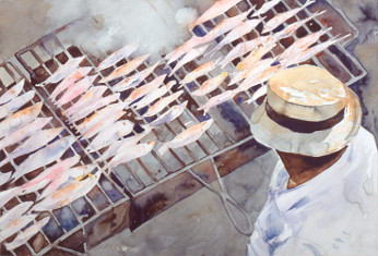 giclee of watercolour painting of Barbacoa on the beach