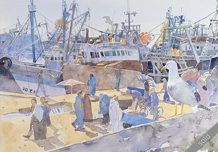 Watercolour painting moroccon harbour