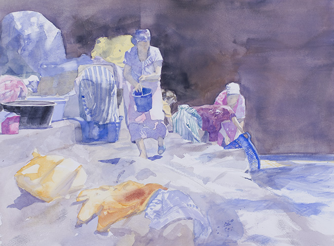 watercolour painting Washing at the river by Klaus Hinkel